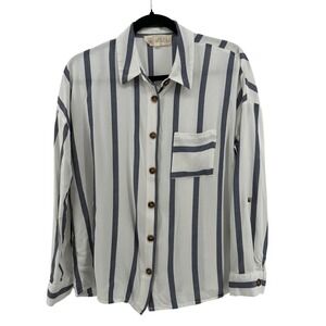 Sweet Wanderer Womens Wide Striped Button Down Shirt Roll Tab‎ Sleeve M Rayon